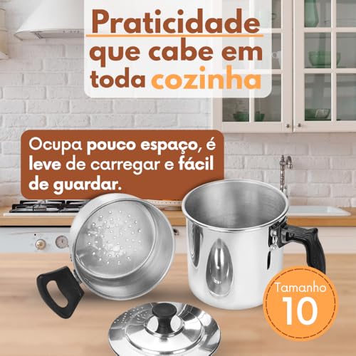 Cuscuzeira Individual de Alumínio Polido, 15 cm Altura, 10 cm Diâmetro, com Tampa e Alça, para Cuscuz e Legumes a Vapor
