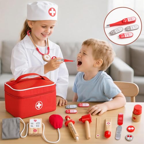 Doctor's Case Children from 3 Years, Toy from 3 Years, Wooden Doctor Case with Doctor's Coat, Doctor's Bag, Stethoscope, Thermometer, Role Play Children's Toy, Gift Children 3 4 5 Years Girls Boys