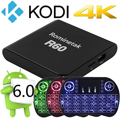 Rominetak [Wireless Touchpad Backlit Mini Keyboard] + R60 Android 6.0 OS TV Box 2GB DDR3 RAM 16GB Flash Bluetooth 4.0 Kodi 16.1 4K UHD 3D Fully Loaded Quad Core Rooted Unlocked Streaming Media Player