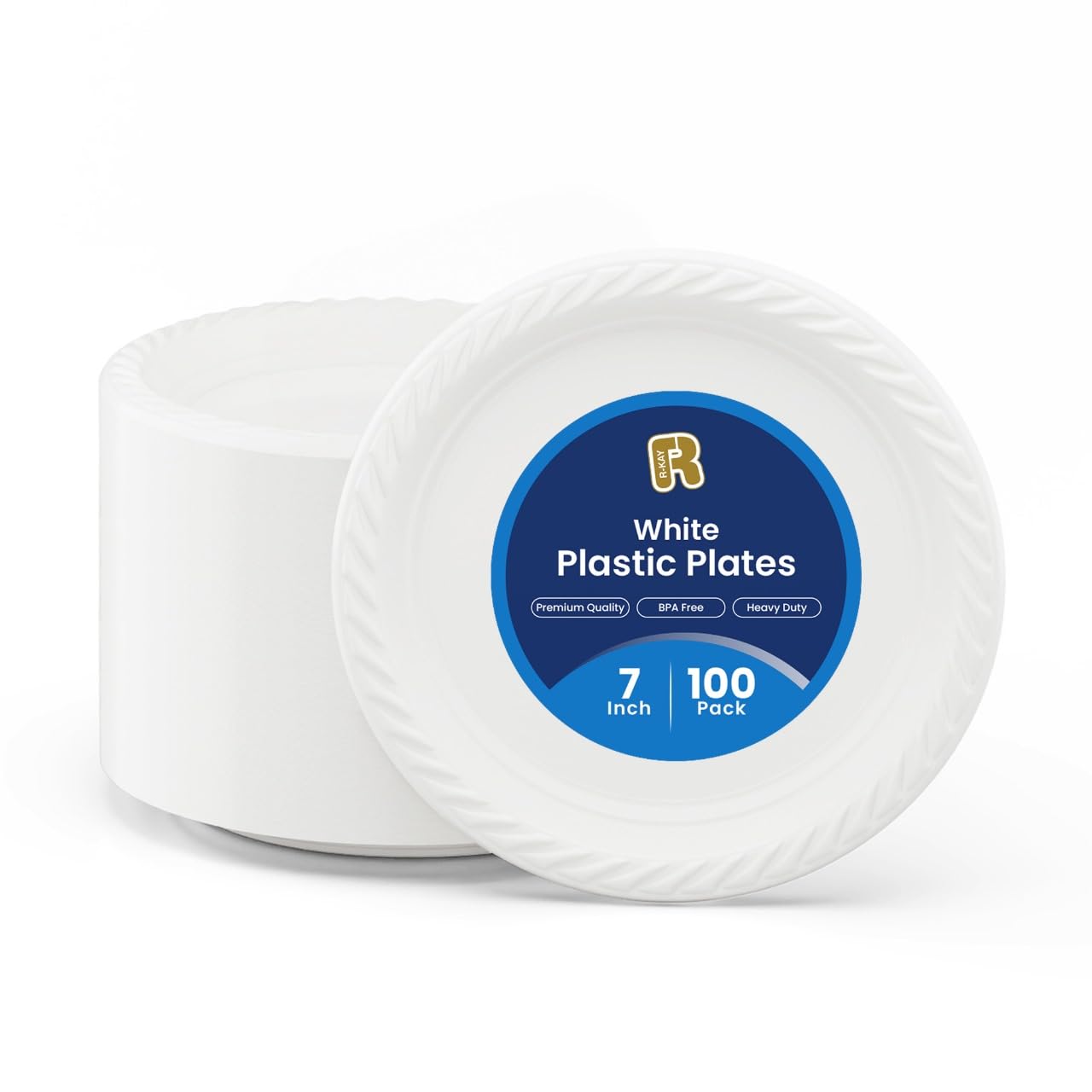 Photo 1 of R-kay 100 Pack 7 Inch Plastic Plates Disposable - Heavy Duty White Disposable Plates - Microwavable Disposable Plastic Plates (100, 7 Inch)