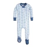 Burt's Bees Baby Baby Boys' Soft Organic GOTS Certified All Over Print Zip Front Non-Slip Footed Sleeper Pajamas, Blue Star Watercolor Chevron, 6-9 Months