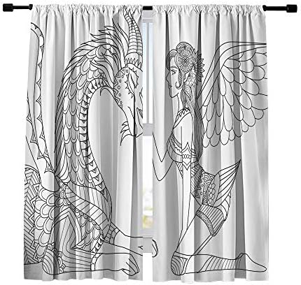 Miblor Blackout Curtains Room Darkening Window Curtains 2 Panels, Dragon is at Mercy of Beautiful Angel Pattern Line Art Design Window Treatments Drapes for Bedroom Living Room Kitchen Cafe