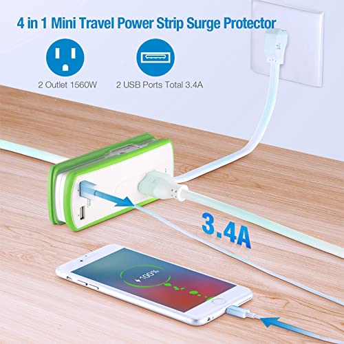 Small Power Strip with USB,Travel Surge Protector 2AC Outlets & 2 USB(5 V/3.4 A Max) 1560W,300J,1 ft Wrapped Extension Cord with Flat Plug UL-Listed