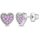 925 Sterling Silver Pave Heart Cubic Zirconia Girl's Earrings with Locking Screw Backs - 7mm Sparkly Earrings for Babies, Toddlers, Young Girls & Pre Teens - Perfect Jewelry for All Occasions