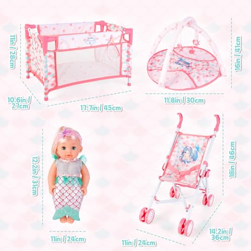 deAO 5-in-1 Folding and Portable Doll Accessory Kit with Doll 31 cm | Nursery Doll Accessories with Stroller, Cot Doll, Travel Bag and Baby Feeding Bottle, Role Play Gifts