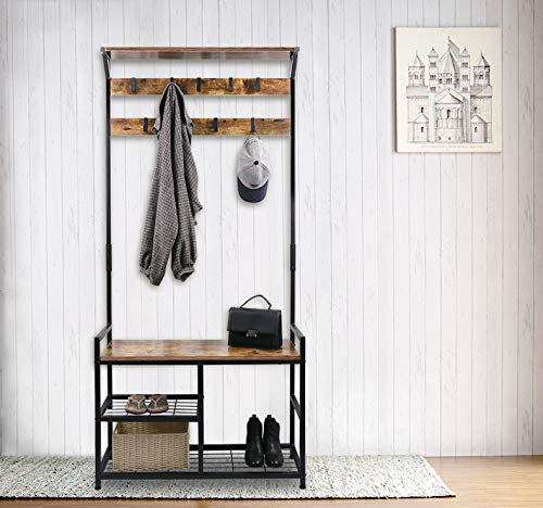 HOMEKOKO-Coat-Rack-Shoe-Bench-Hall-Tree-Entryway-Storage-Bench-Wood-Look-Accent-Furniture-with-Metal-Frame-3-in-1-Design-Rustic-Brown