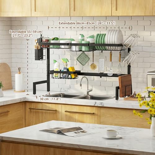Gabeeriso Over Sink Dish Drying Stand Kitchen Organiser | 2-Tier Expandable Stainless Steel Dish Rack Adjustable 66-85cm with Drainage Tray Delivers Large Countertop Storage Capacity