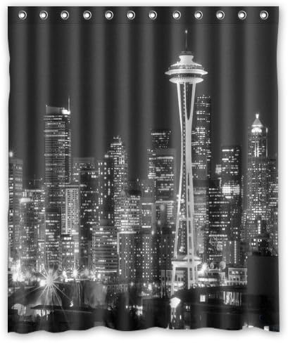 Unique and Generic Shower Seattle black and white city skyline Curtain Custom Printed Waterproof fabric Polyester Bath Curtain 60"(w) x 72"(h) Inches-Bathroom Decor Shower Curtain