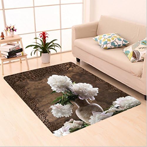 Nalahome Custom carpet Peonies Peony Flowers Decor Floral Art Prints Leaves Ceramic Vase Romantic White Brown Green area rugs for Living Dining Room Bedroom Hallway Office Carpet (36"x60")