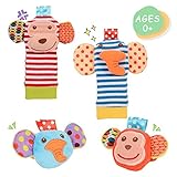 Daisy 4 Packs Adorable Animal Infant Baby Wrist Rattle & Foot Finder Socks Monkey and Elephant Developmental Toys Set - Wonderful Baby Gift