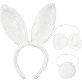3-Piece Bunny Ears and Tail Costume Accessory Set – Includes White Fluffy Bunny Ears Headband, Tail, and Bow Tie for Easter, Halloween, Dress-Up Parties, Cosplay, and Animal-Themed Events