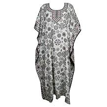 Mogul Interior Women Caftan Maxi Dress Off White Lounger Kimono Kaftan One Size