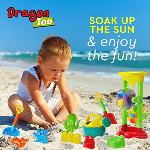 Dragon Too Kids Beach Toy Set -19 Piece Kit in Mesh Backpack Bag - Shovels, Scoops, Buckets, Waterfall, Shapes and More for Sand Castles, Water Play and Sand Boxes - Thumbnail 5