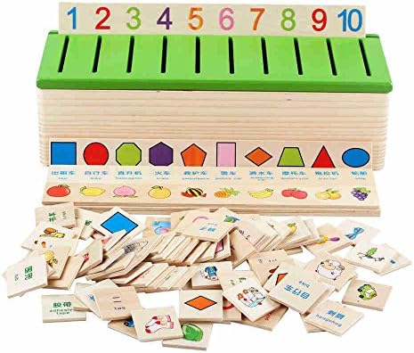 FunnyGoo Wooden Learning Card sorting box with green plastic cover, 8 sorting Categories: Vegetables, figures, fruits, shapes, vehicles, daily necessities, animals, clothing