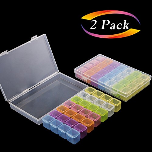 2 Pack 28 Grids Colorful Diamond Painting Box, Diamond Embroidery Box, Storage Case for Diamond Painting Rhinestone Accessories for DIY Craft, Mosaic kits, Diamond Stones Dividers Box Organizer