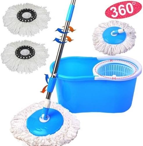 360° Easy Clean Floor Mop Bucket 2 Heads Microfiber Spin Rotating Head, The spinning mop pole will dry the mop head quick and efficiently so you can continue cleaning. (Blue)