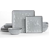 Famiware Dinnerware Sets for 4, Ocean Square 12-Piece Kitchen Plates and Bowls Sets, Reactive Glaze, Microwave and Dishwasher Safe, Scratch Resistant, Grey
