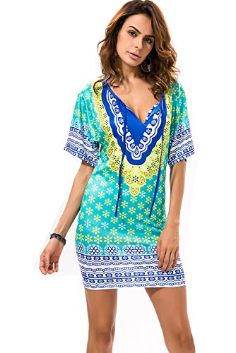 BQ Women's Bohemian Back V Neck Vintage Printed Ethnic Summer Shift Tunic Dress