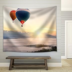 Hot Air Balloon Over Sea of Mist - Fabric Wall Tapestry Home Decor - 51x60 inches