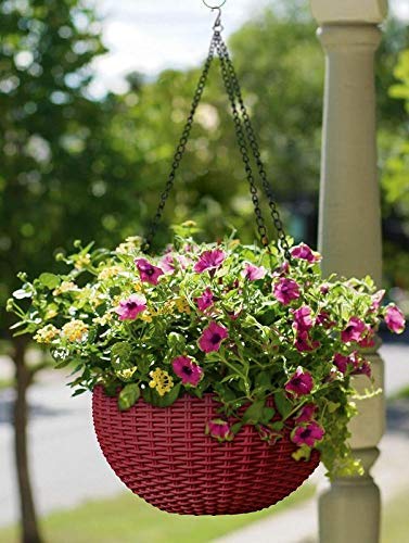 ERIZONE Hanging Flower Pot, Woven Design Baskets with Hook Chain, Water Reservoir and Drainage Plug for Home Gardener Grower Planter Office Balcony Indoor Outdoor.