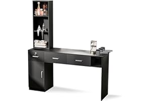 EILLEO Barber Stations Wall Mount Salon Station Beauty Salon Barber Spa Equipment with 3 Open Shelves, Lockable Left Shelf and Storage Cabinet, Standing Hair Styling Furniture Without Mirror