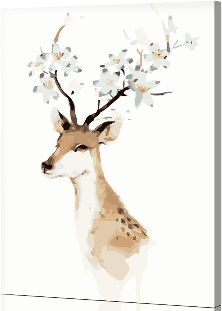WONZOM Paint by Number Kits for Kids Adults DIY Oil Painting on Linen Canvas- Sika Deer Flower 16x20 inch Wooden Framed