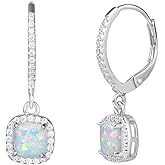 FANCIME Lever Back Earrings Created Opal October Birthstone Earrings Sterling Silver White Fire Opal Halo Cubic Zirconia Square French Back Earrings Jewelry for Women