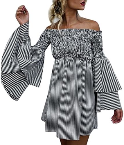 Fheaven Womens Off Shoulder Stripe Party Casual Dress Ruffled Long Sleeve Mini Dress