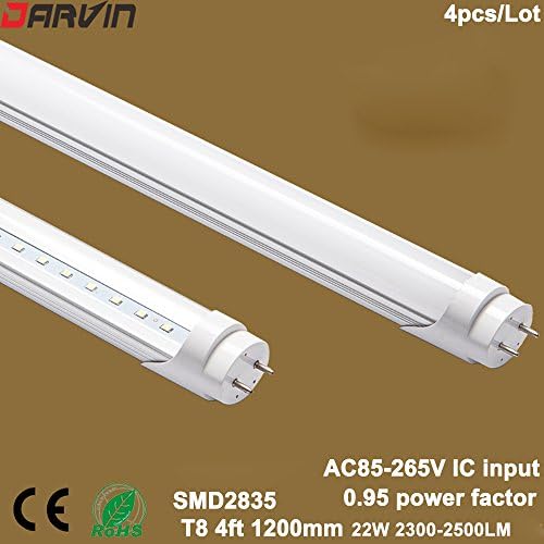 T8 Led Tube 4ft 120cm Led Light Lamp 22W Led Bulbs Fluorescent Light AC85-265V Super Bright 3 years Warranty 4pcs/Lot (Warm White 4000-4500K, Milky Cover)