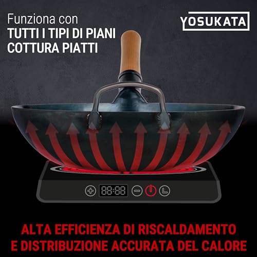YOSUKATA Professional Wok Pan 34 cm – Traditional Wok Carbon Steel Blue Pre-Conditioned Flat Bottom – Original Chinese Frying Pan – Suitable for Electric Induction Gas and Open Fire
