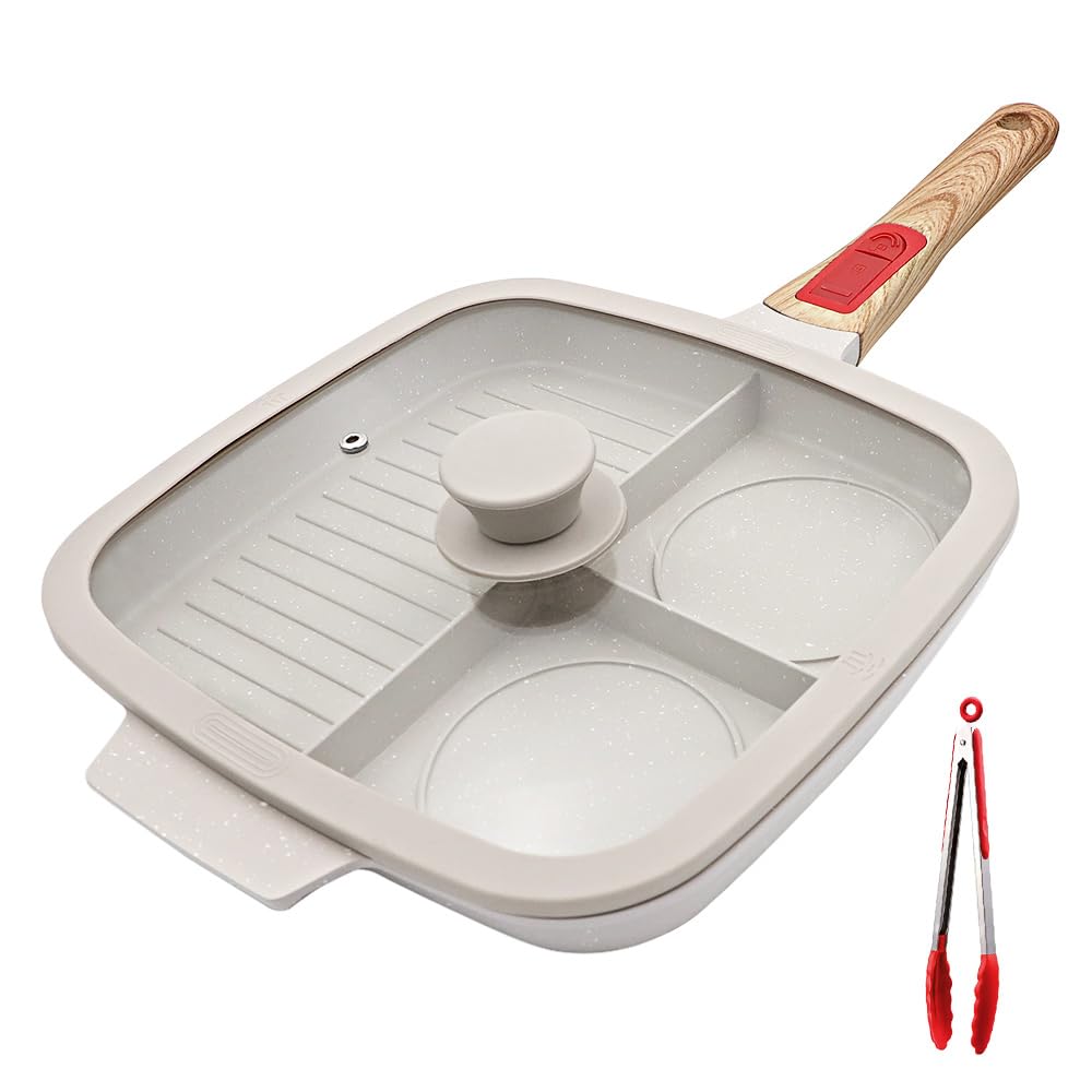 Bobikuke Griddle Pan with Detachable Handle, Non Stick Sectional Skillet with Lid Grill Pan Induction 3 Section - White