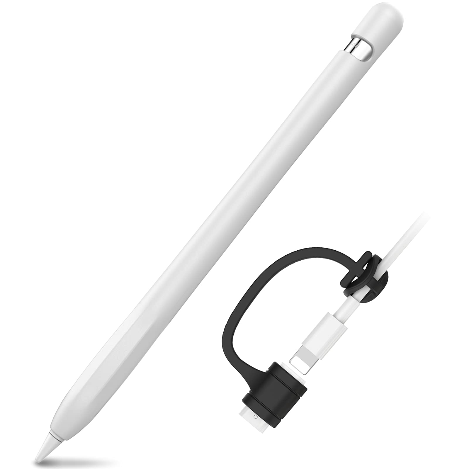 AHASTYLE Silicone Case for Apple Pencil 1st Generation [Added Cable Adapter Tether] Anti-slip Apple Pencil Cover Protective Case Compatible with Apple Pencil 1st Gen (1 Pack, White)