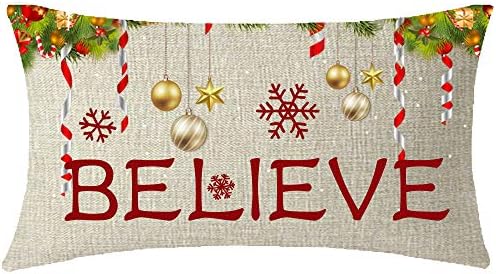 ITFRO Sister Birthday Gift Seasons Greetings Believe Snowflakes Bells Plants Waist Body Beige Cotton Burlap Linen Throw Pillowcase Cushion Cover Sofa Decorative Rectangle 12x20 Inches