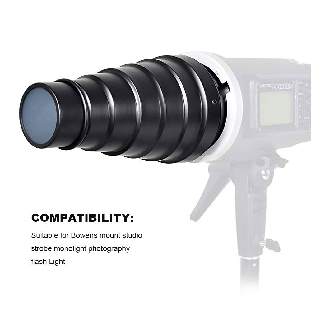 Aluminium Alloy Conical Studio Snoot Kit with Honeycomb Grid and 5pcs Color Filters for Bowens Mount Strobe Moonlights Flash Speedlight Photography Light