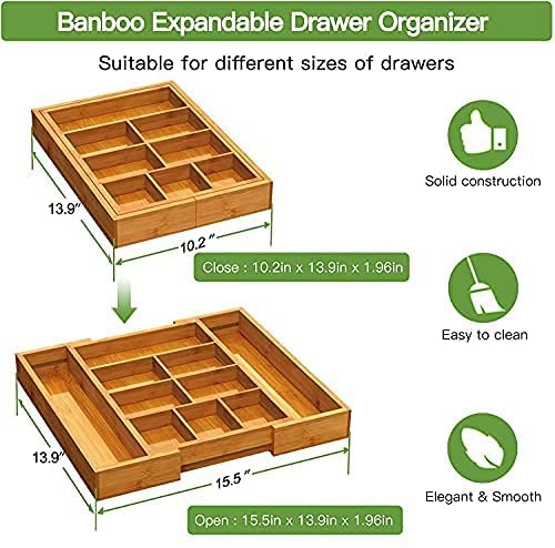 Pipishell Bamboo Expandable Drawer Organizer, Adjustable Silverware Organizer with Removable Dividers, Cutlery Tray Perfect for Kitchen, Bathroom, Office, Bedroom