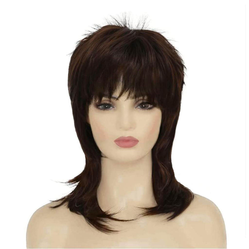 Siudus Brown Mullet Wigs for Women Shaggy Shoulder Length 70s 80s Wig Layered Natural Synthetic Fiber Hair Wig for Cosplay Disco Rocker Use