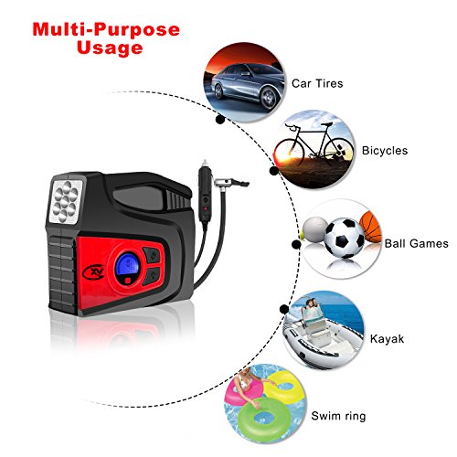 Cxy Portable Tire Inflator, 12V DC Digital Auto Air Compressor Pump with LED Lighting and 2 Interchangeable Nozzles for Car Vehicle, Motorcycle, Bicycle, Airbed and Balls (Black and Red)