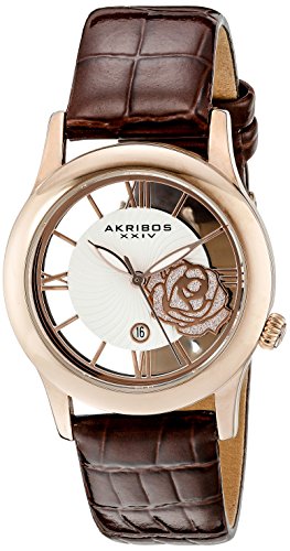 Akribos XXIV Women's AK837RGBR Quartz Movement Watch with Rose Gold and See Thru Flower Dial and Brown Leather Strap