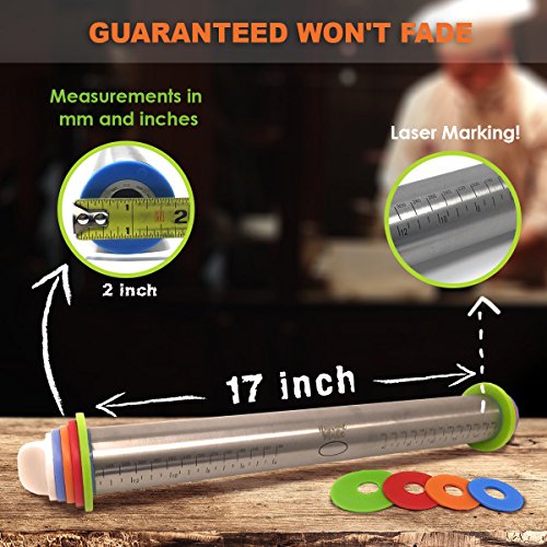 Adjustable Rolling Pin with Thickness Rings Guides Non Stick 17 inch Large Heavy Duty