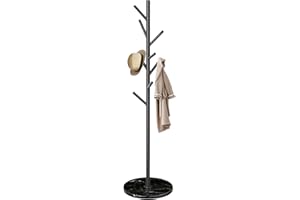OIRUMIE Coat Rack with Natural Marble Base, Metal Freestanding Coat Rack, Stainless Steel Coat Rack Stand with 8 Hooks for Hanging Scarf, Bag, Jacket, Black Coat Hall Tree Hanger Holder Stand