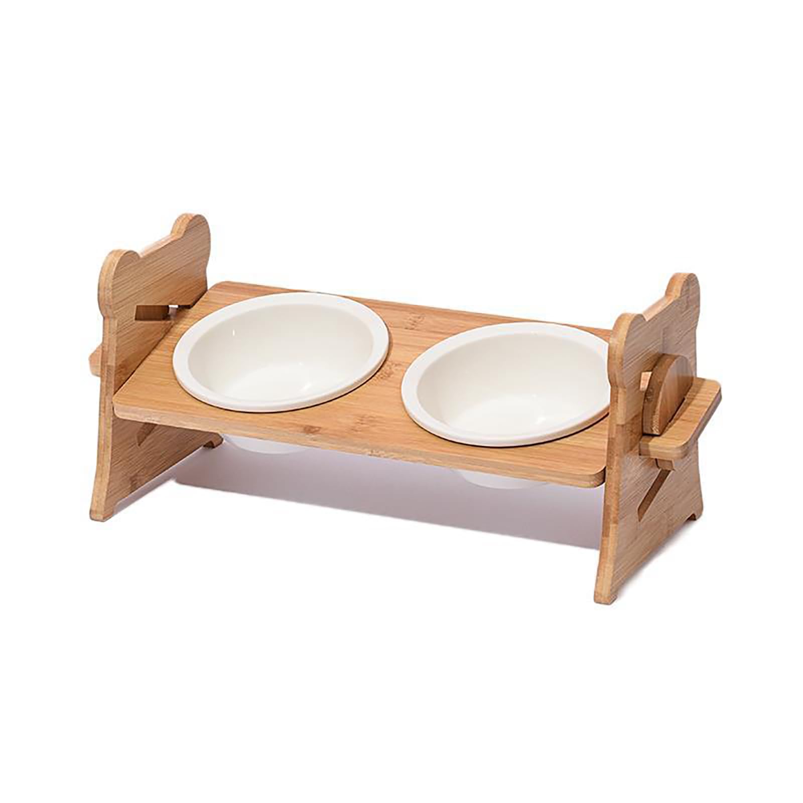 Height Adjustable Raised Cat Bowls, 15° Tilted Raised Cat Bowls, Natural Bamboo Stand & Quality Ceramic Bowls for Cat or Puppy (2 Bowls)