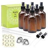 Mavogel Pack of 6, 4 oz Amber Glass Bottles with Black Fine Mist Sprayers-Including 2 Extra Black Fine Mist Sprayers, 2 Stainless Steel Mini Funnel, 2 Transfer Pipettes, 6 Bottle Labels