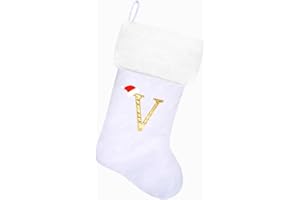 Tokforty 20 Inches White Velvet with White Super Soft Plush Cuff Monogram Christmas Stockings, Xmas Personalized Embroidered Letter Stockings for Family Holiday Decorations and Xmas Tree Fireplace（V）