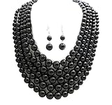 Women's Five Multi-Strand Simulated Pearl Statement Necklace and Earrings Set (Black)