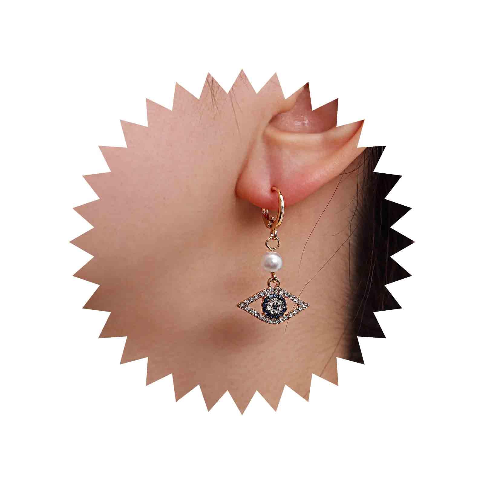 Aneneiceera Boho Rhinestone Blue Eye Pearl Drop Dangle Earrings Fashion Gold Pearl Earrings Simple Chic Earrings Tassel Daily Party Vintage Earrings Wedding Jewelry for Women and Girls