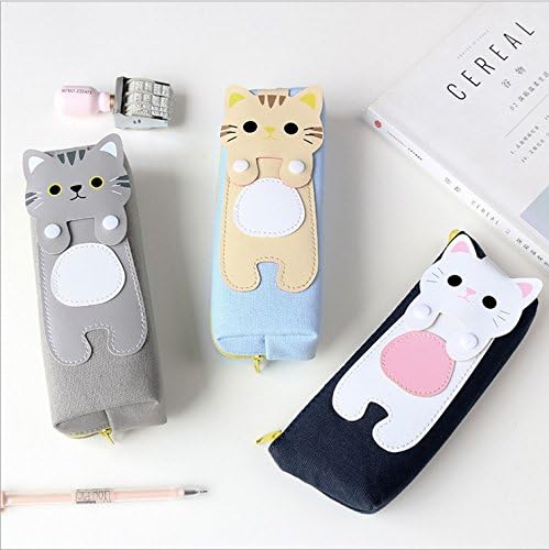 Cute Simple Creative Cat Cartoon Canvas Pencil Female Students Large Capacity Zipper Pencil Case Pencil Bag AE1-14 Triangle - Beige