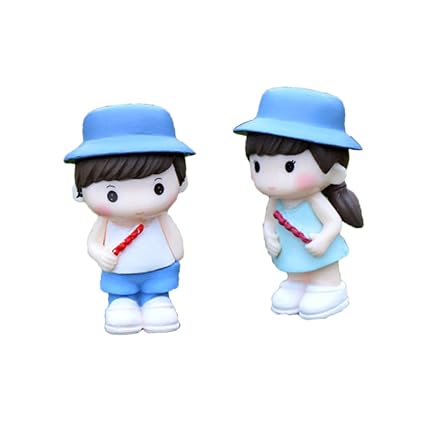 Phenovo Fairy Garden Ornaments, Mini Doll House Decorative Micro Landscape DIY Craft Garden Decoration - multi, 1 Pair Couple Blue Hat