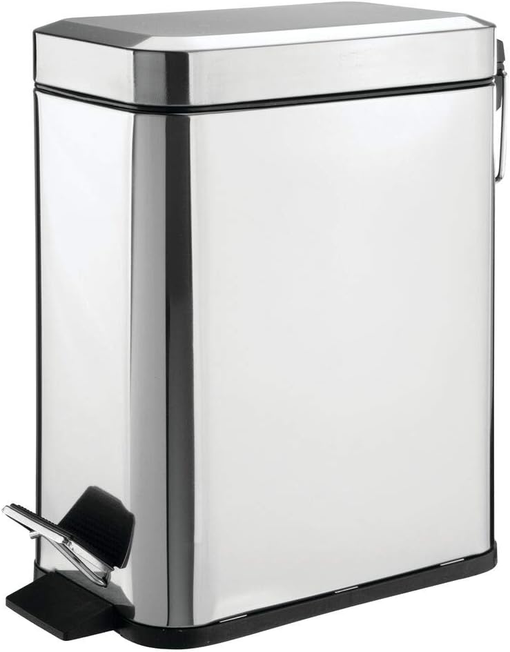 mDesign 1.3 Gallon Rectangular Small Steel Step Trash Can Wastebasket, Garbage Container Bin for Bathroom, Powder Room, Bedroom, Kitchen, Craft Room, Office - Removable Liner Bucket - Chrome
