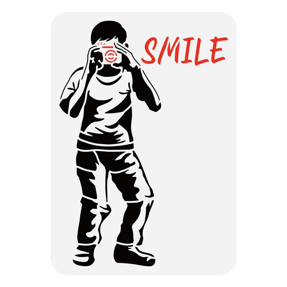 FINGERINSPIRE Banksy Camera Boy Painting Stencil 21x29.7cm Large Camera Boy Stencil or Painting Reusable Words SMILE Drawing Template Banksy Graffiti Boy Stencil Banksy Theme Template for DIY