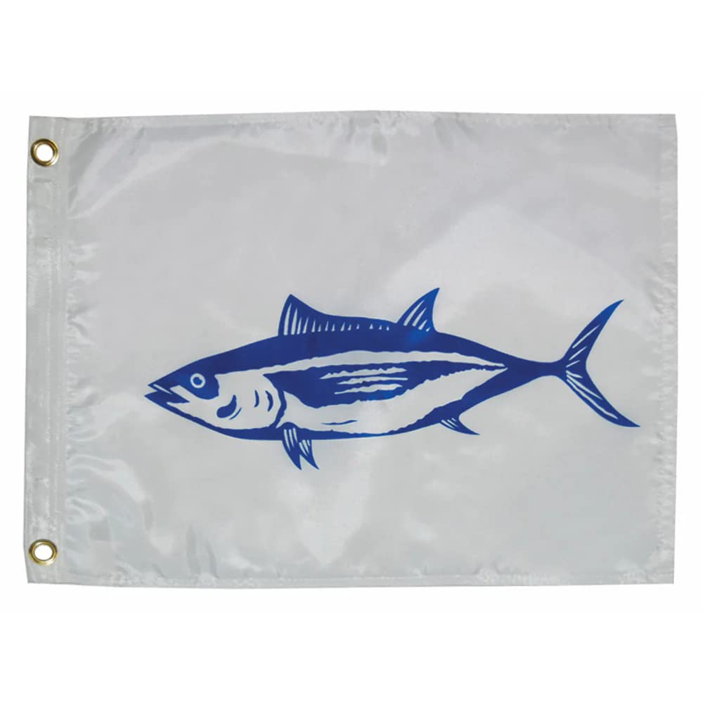 TaylorMade Fisherman's Catch White Tuna Fish Boat Flag, 12" x 18" 200-Denier Water-Repellent Nylon, Screen-Printed Fabric, Decorative for Marine, Boating, Marina, Dock Decor, Brass Grommets - 3118